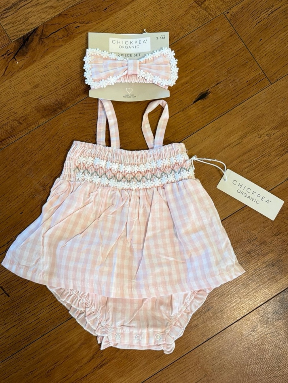chick pea Pink Gingham Smocked Dress & Headband Set